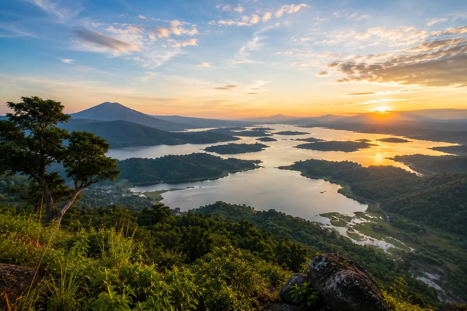 Pemandangan perairan dan perbukitan di sekitar wilayah Darmaraja saat matahari terbenam